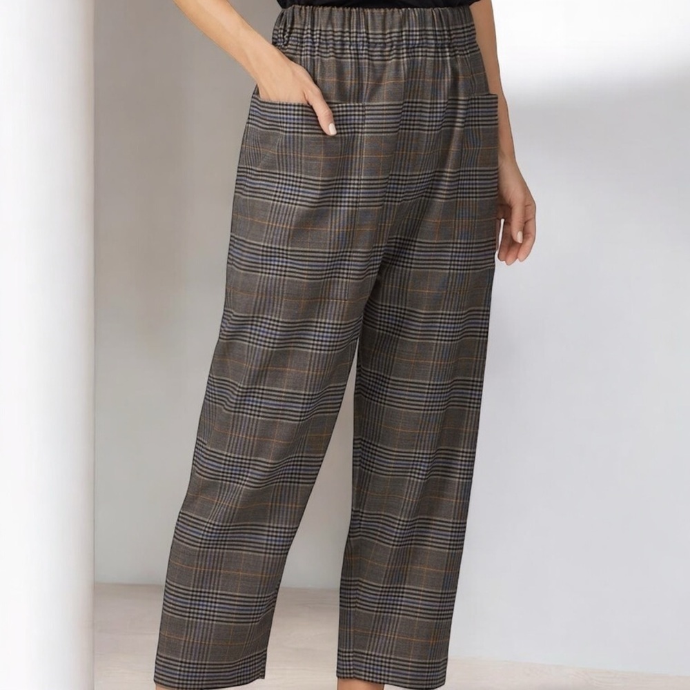 Sea New York ‘Rowan’ Track Pants in Taupe Brown Plaid Virgin Wool-Blend Size 2 - Picture 1 of 16